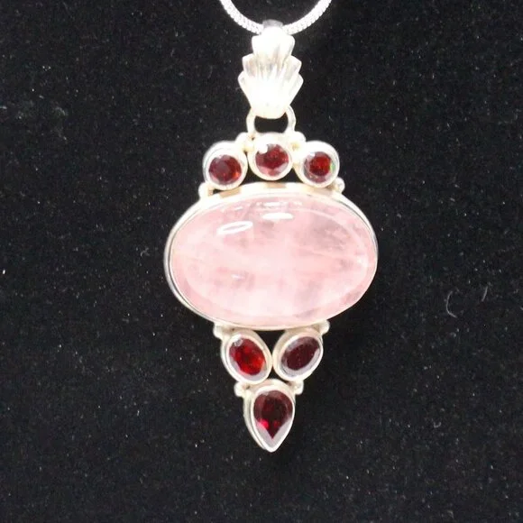 Sterling Silver Rose Quartz Gemstone and Red Glass Stone Necklace - Picture 2 of 13